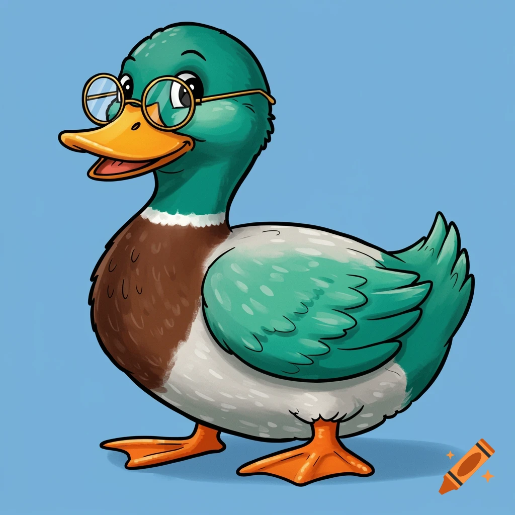 A cartoon mallard duck wearing round glasses.