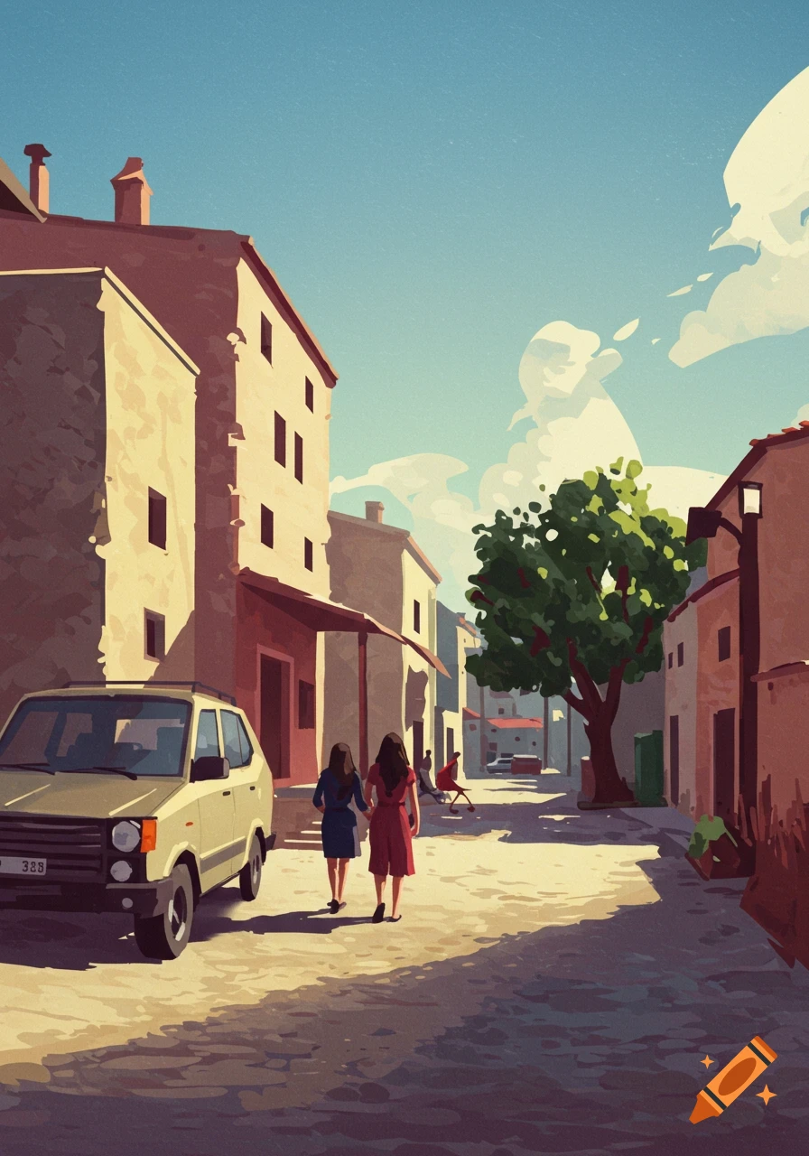 Two people walking down a sunny street in a town with buildings and a parked car.
