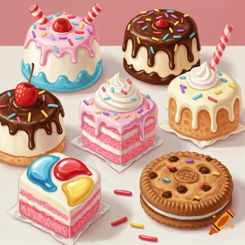 A collection of colorful desserts shaped like laundry pods, including cakes, a cupcake, and a cookie.