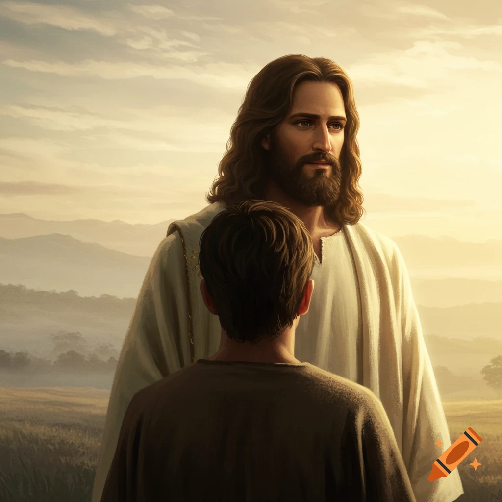 Jesus standing behind a young man in a golden field at sunset.