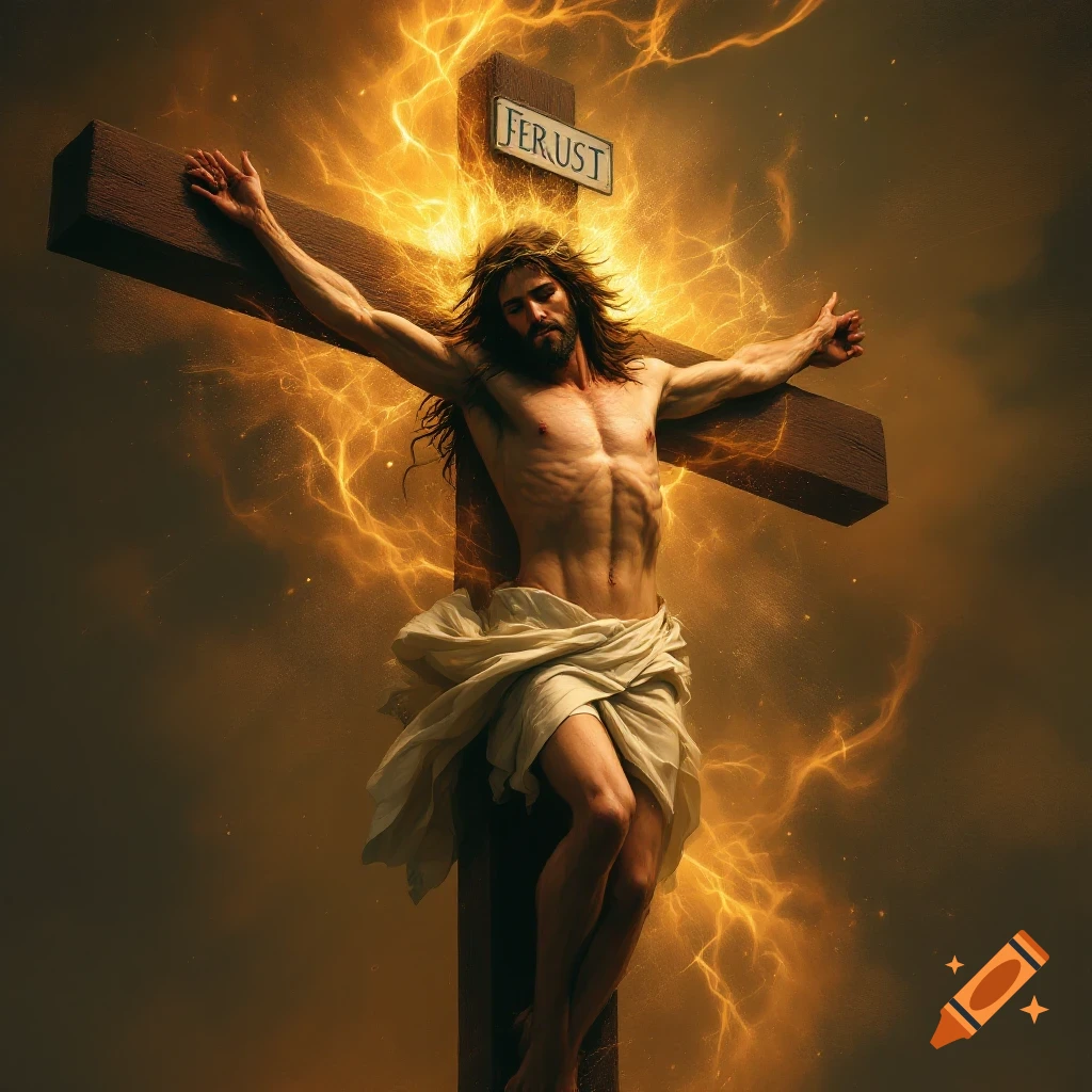 Jesus is on the cross with arms outstretched, surrounded by golden lightning or energy.