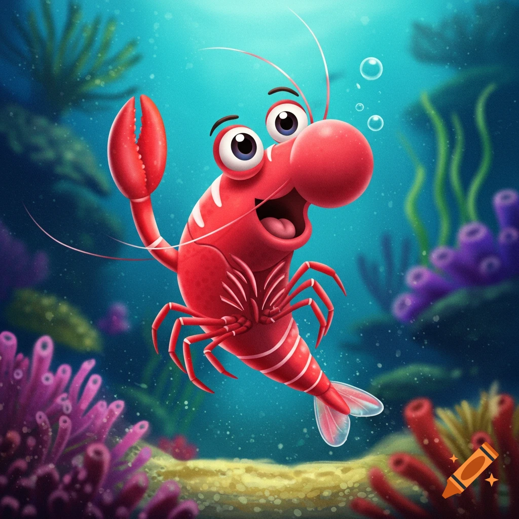 Cartoon red shrimp/lobster swimming underwater near coral.