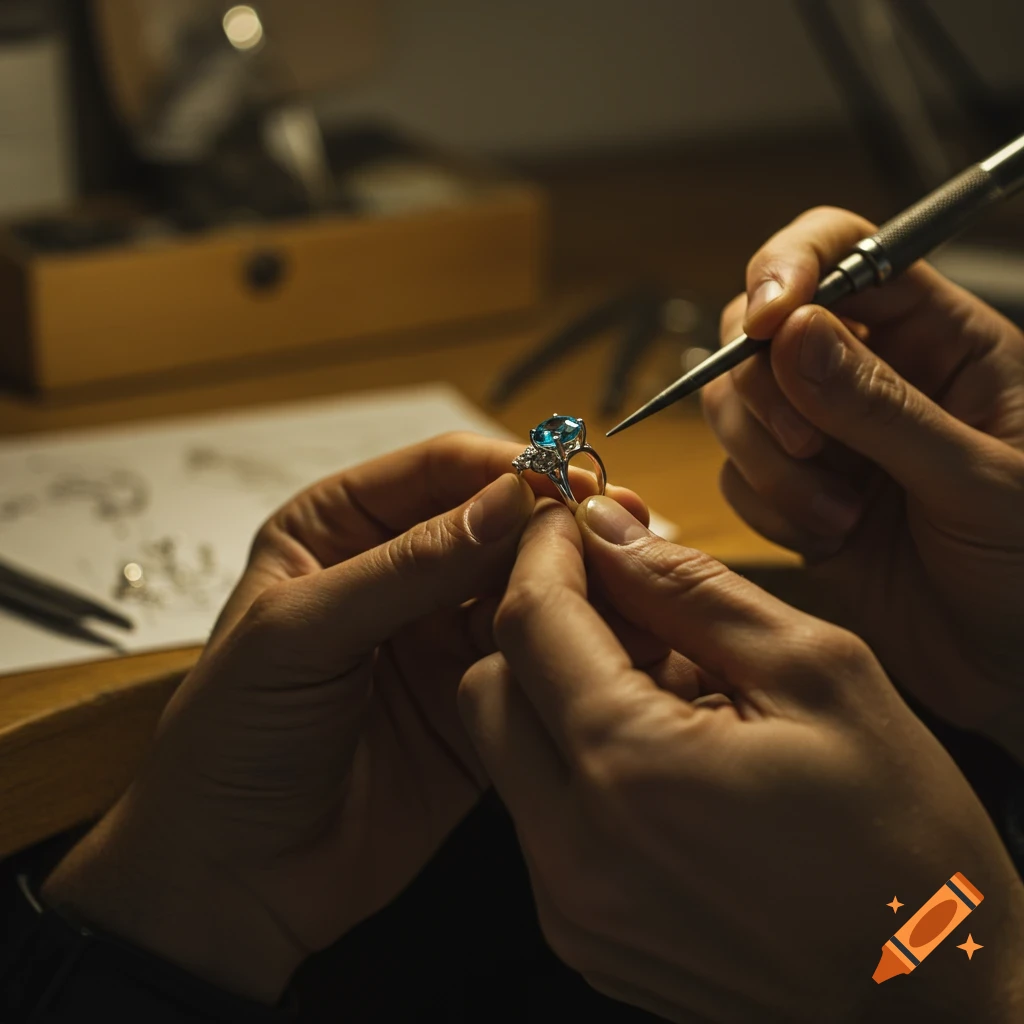 Close-up of hands working on a silver ring with a blue gemstone, holding it with tweezers and a tool.