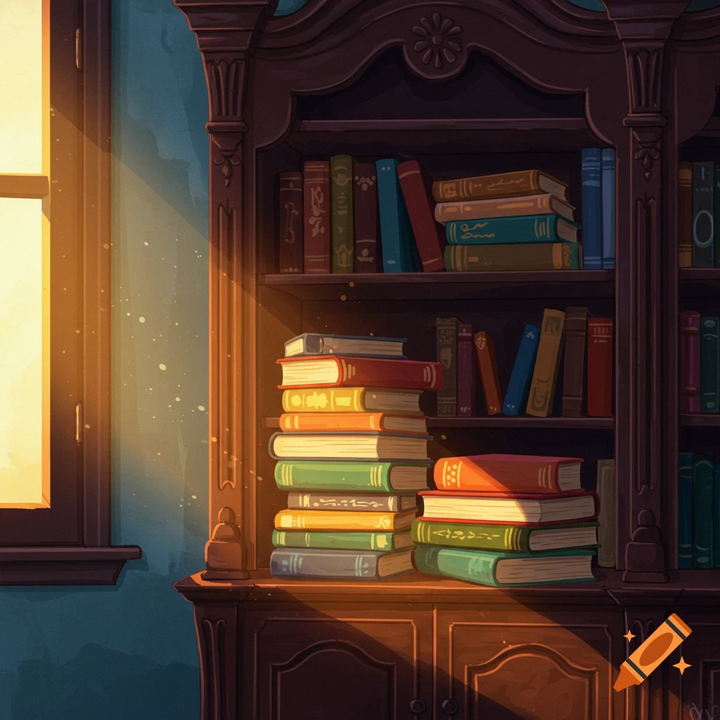 A bookcase filled with books, lit by sunlight from a nearby window.