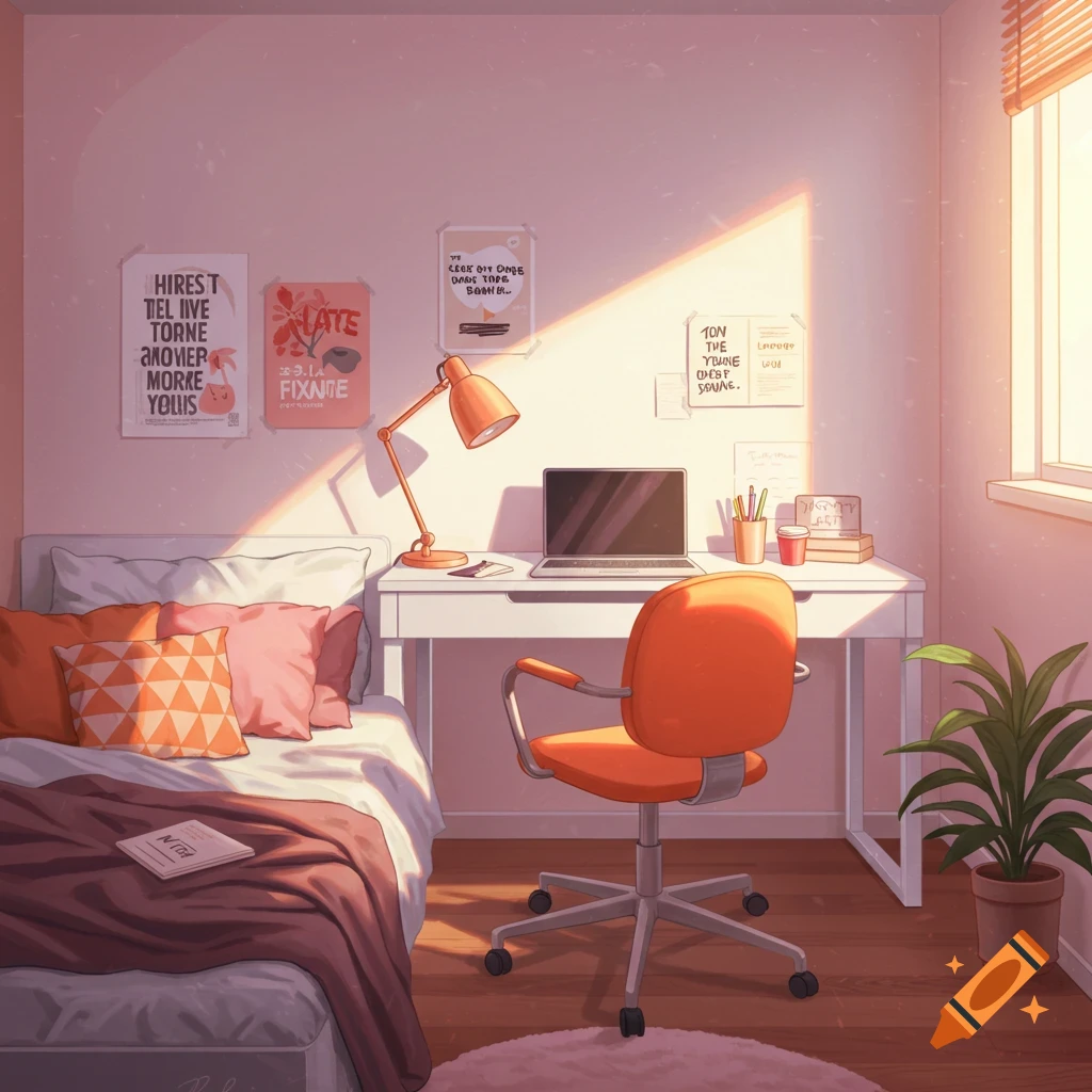 Anime image of a cozy bedroom with a desk, laptop, chair, and bed, lit by morning sun.