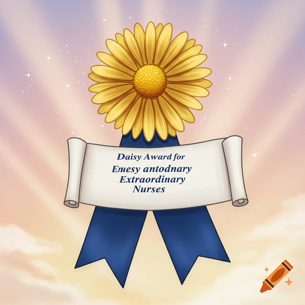 Illustration of a Daisy Award ribbon with a large yellow daisy and blue ribbons against a bright sky background.