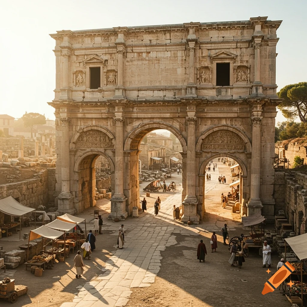An ancient stone archway stands over a crowded marketplace in the sun.