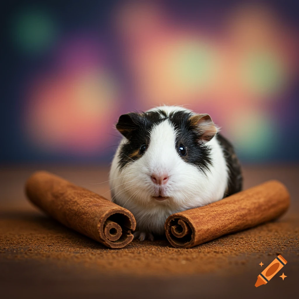 A guinea pig sits between two cinnamon sticks on a brown surface with scattered cinnamon powder.