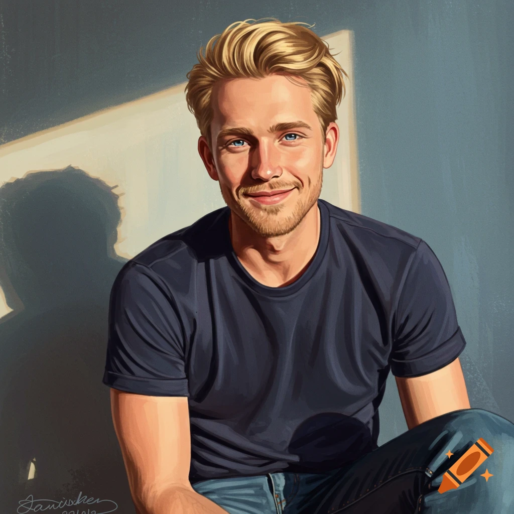 Smiling blond man in a dark t-shirt.