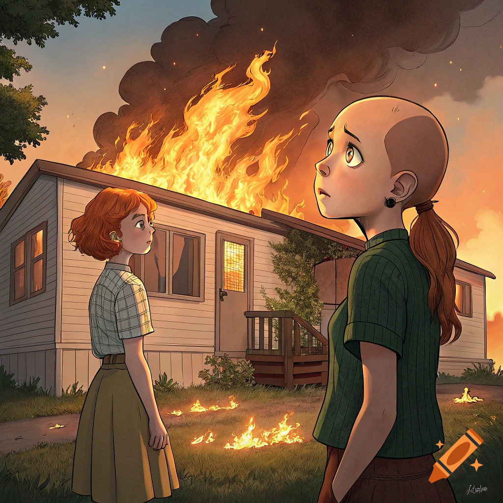 Two animated girls watch a doublewide house burn in the background.