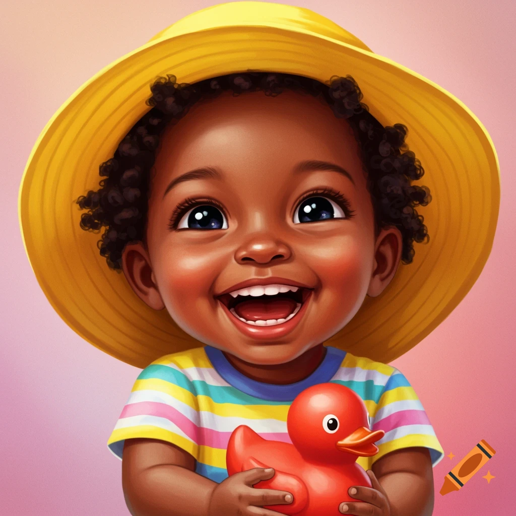 A close-up of a happy child wearing a yellow hat and striped shirt, holding a red rubber duck.