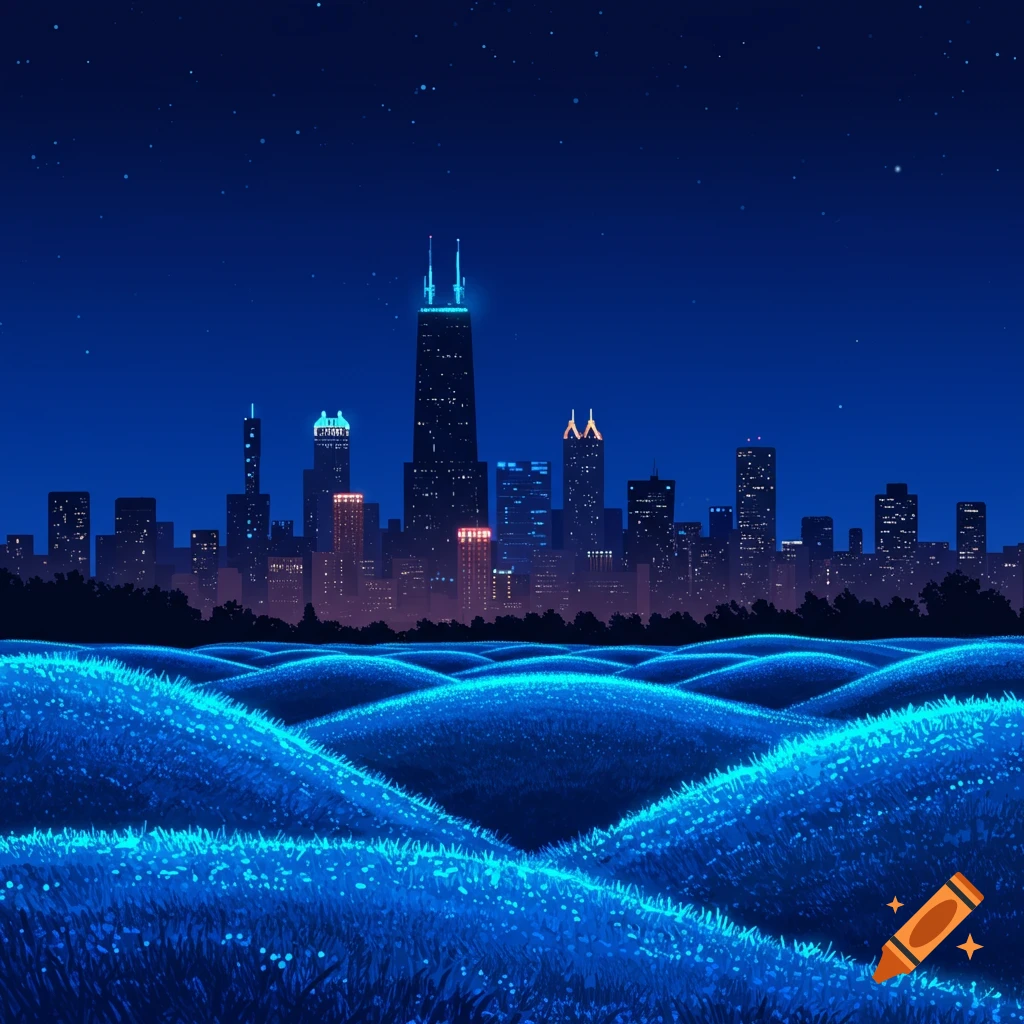 Glowing blue hills overlooking the Chicago skyline at night.