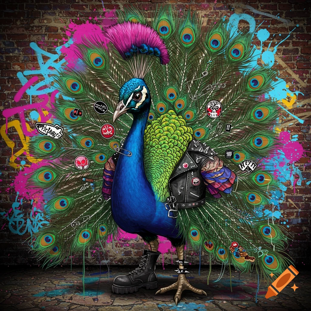 A punk rock peacock wearing a leather jacket and boots stands against a graffiti wall.