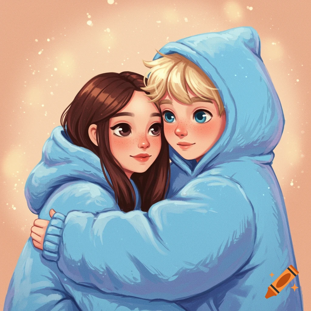 Digital illustration of a young boy and girl hugging in oversized blue hoodies.