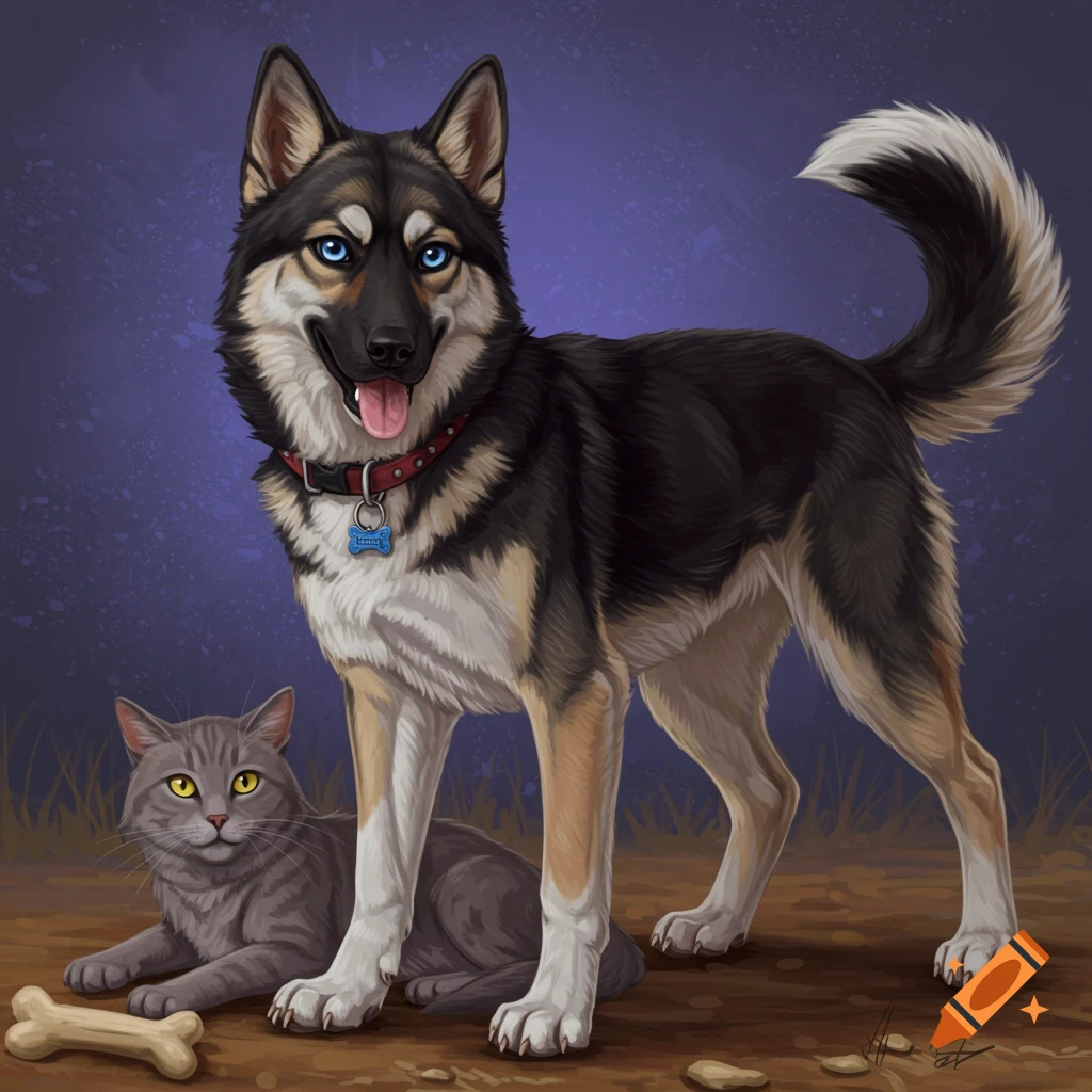 A German Shepherd Husky mix dog stands with blue eyes beside a grey cat sitting on the ground.