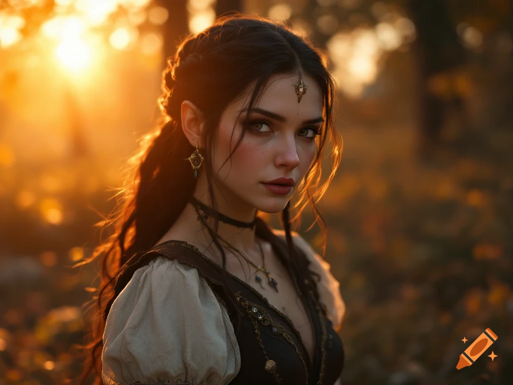 Photorealistic portrait of a woman in fantasy-style clothes, standing in a forest during golden hour.