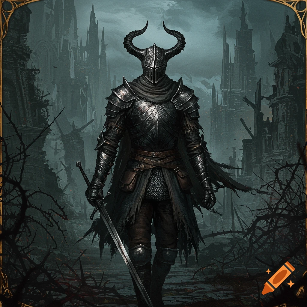 A dark knight in horned armor stands with a sword in a ruined city.