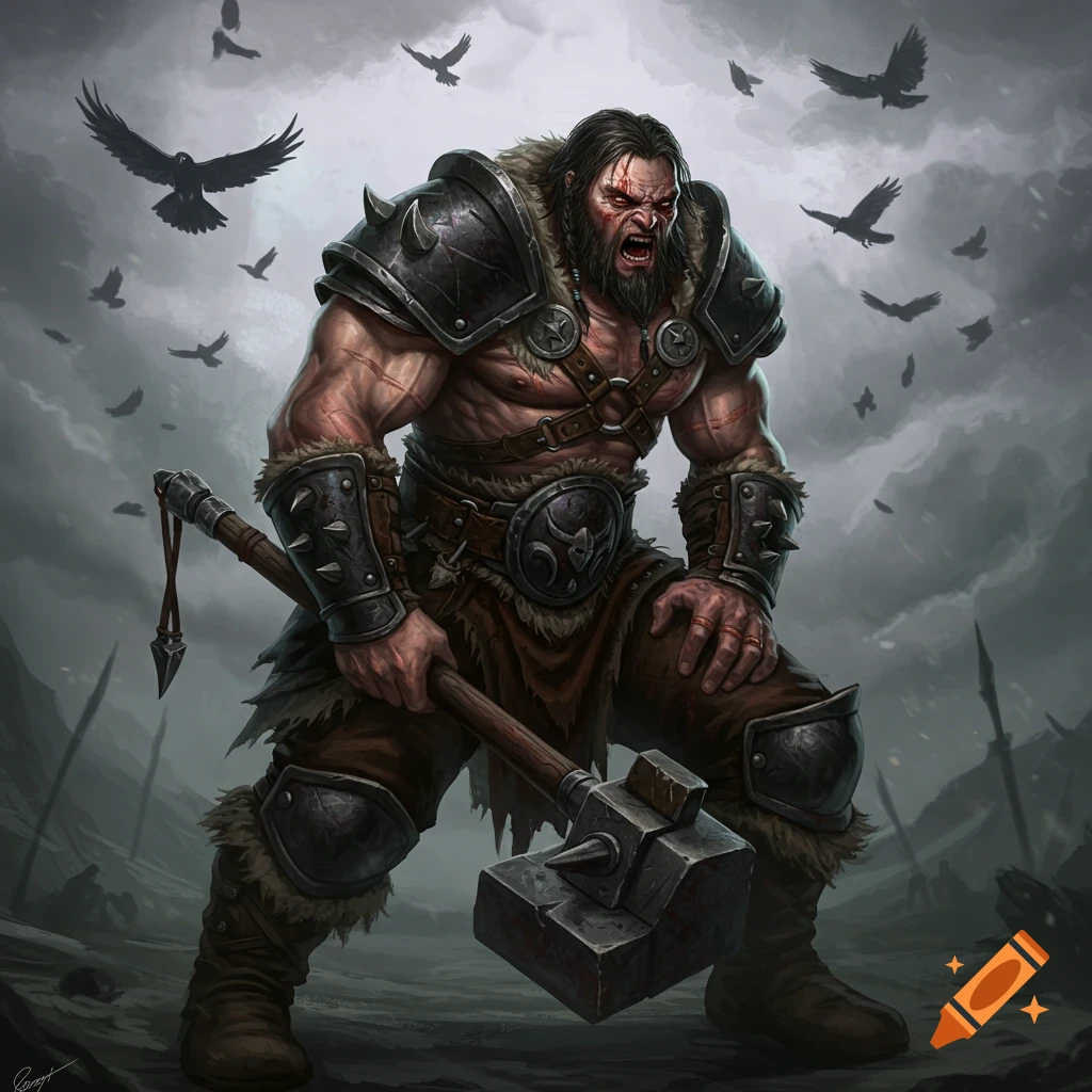 A muscular barbarian warrior holding a hammer with crows flying in the sky.