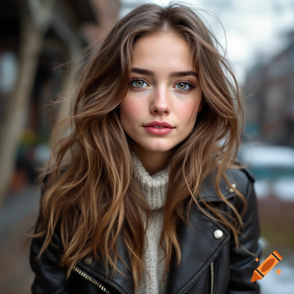 Young woman with long brown hair and hazel eyes wearing a black leather jacket and gray sweater, outdoors.