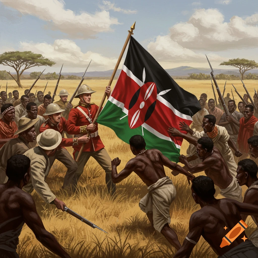 British soldiers and Kenyans fighting over a Kenyan flag in a field.