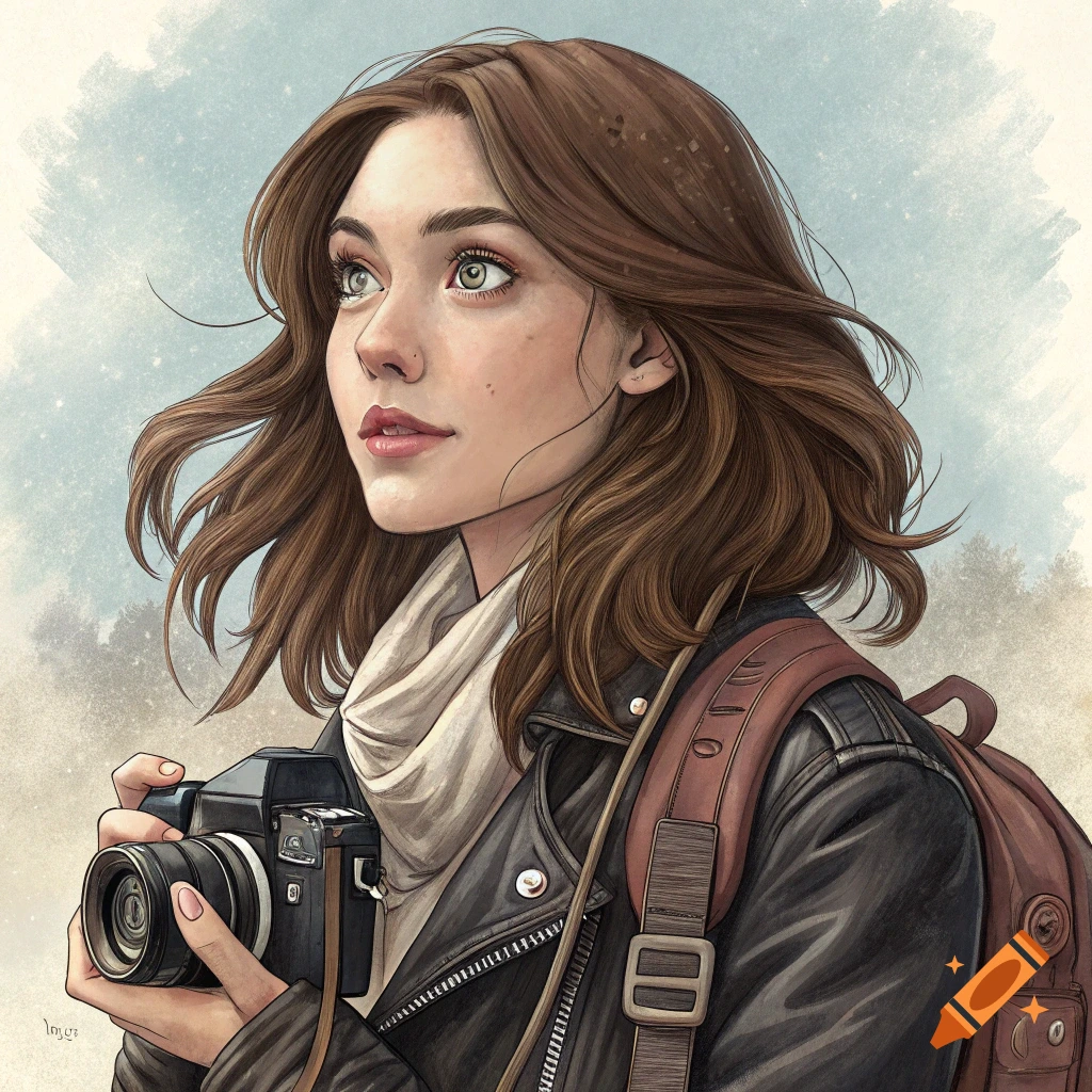 Illustrated portrait of a young woman with a camera, leather jacket, and backpack, looking up.