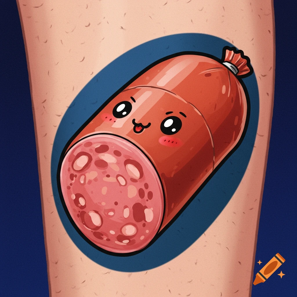 A cute cartoon baloney sausage with a face, depicted as a tattoo on skin.