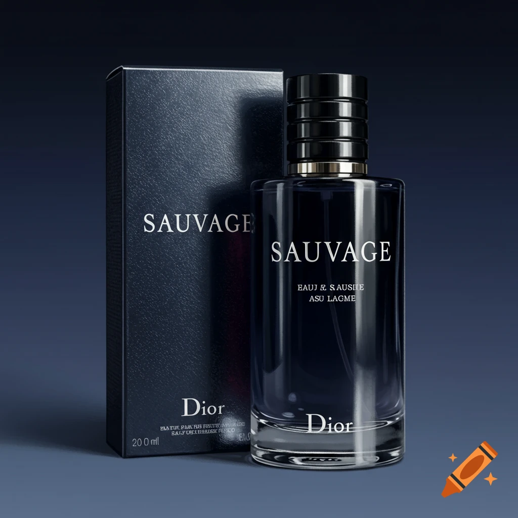 Realistic image of a Dior Sauvage cologne bottle and box on a dark background.