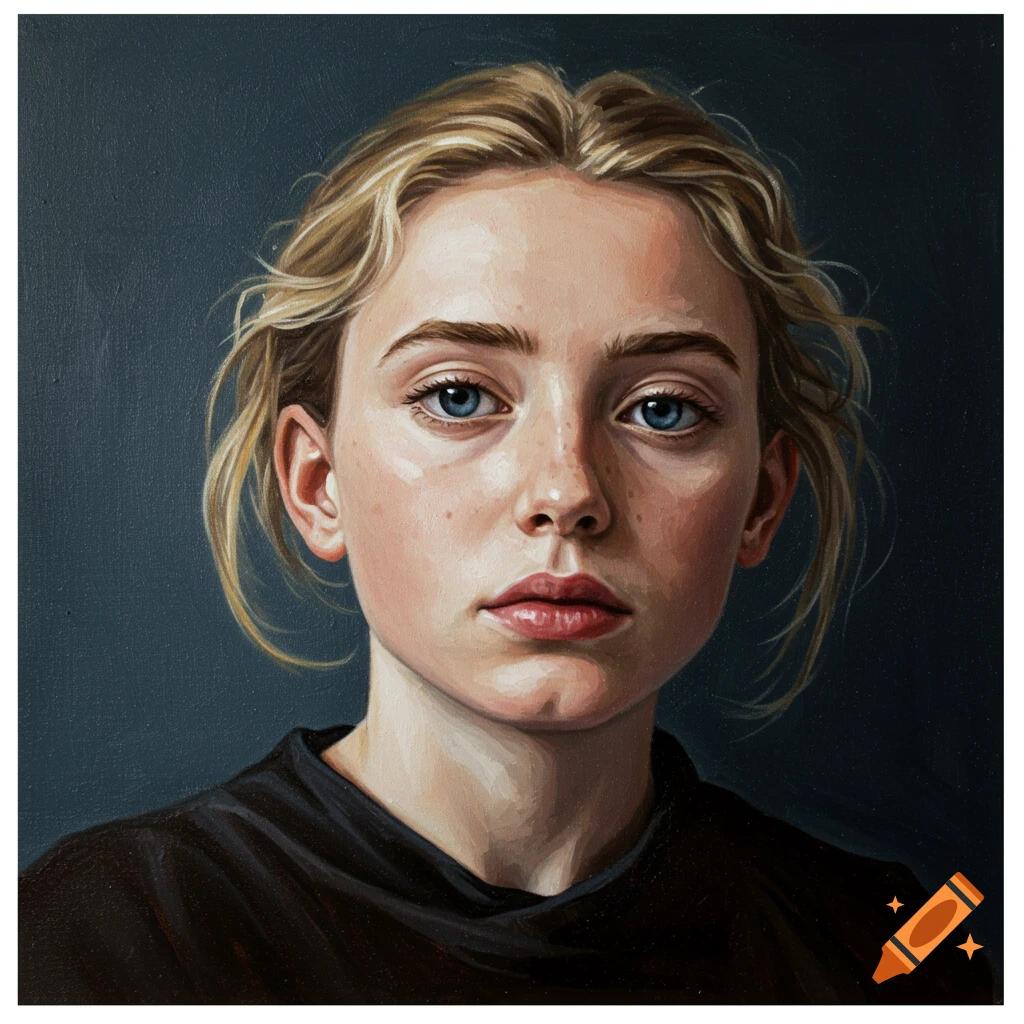 Painted portrait of a young woman with blonde hair and blue eyes, realistic style.