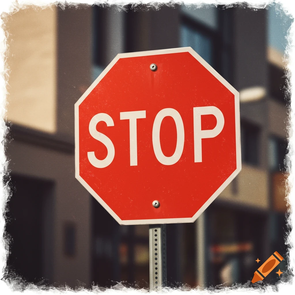 A red stop sign with white 'STOP' text on a pole, blurred building in background.