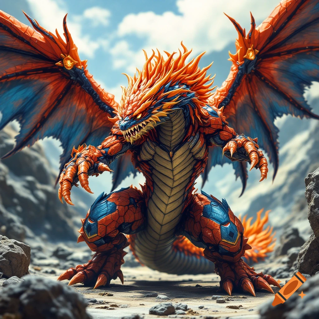 A detailed fantasy dragon (Dragonoid) standing on rocky terrain under a cloudy sky.