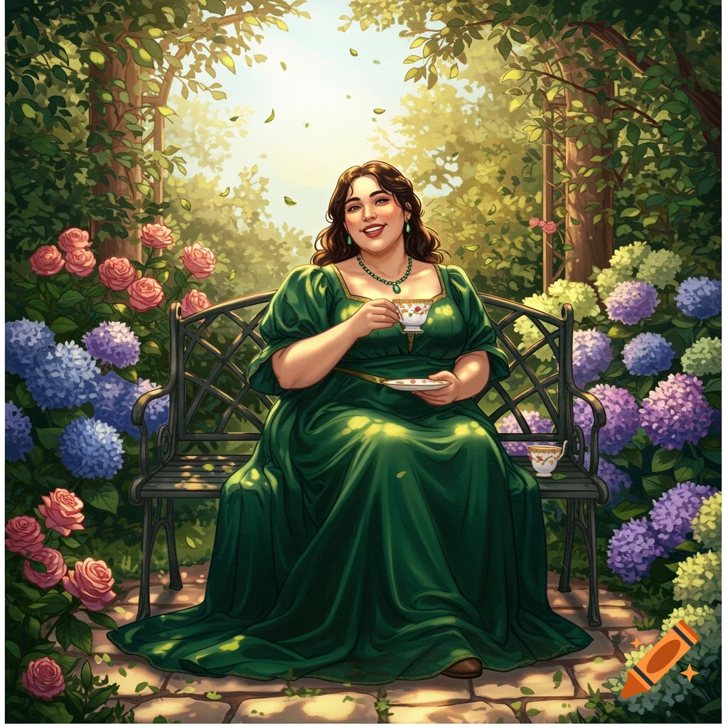 A woman in a green gown is drinking tea on a garden bench with sunlight filtering through the trees.