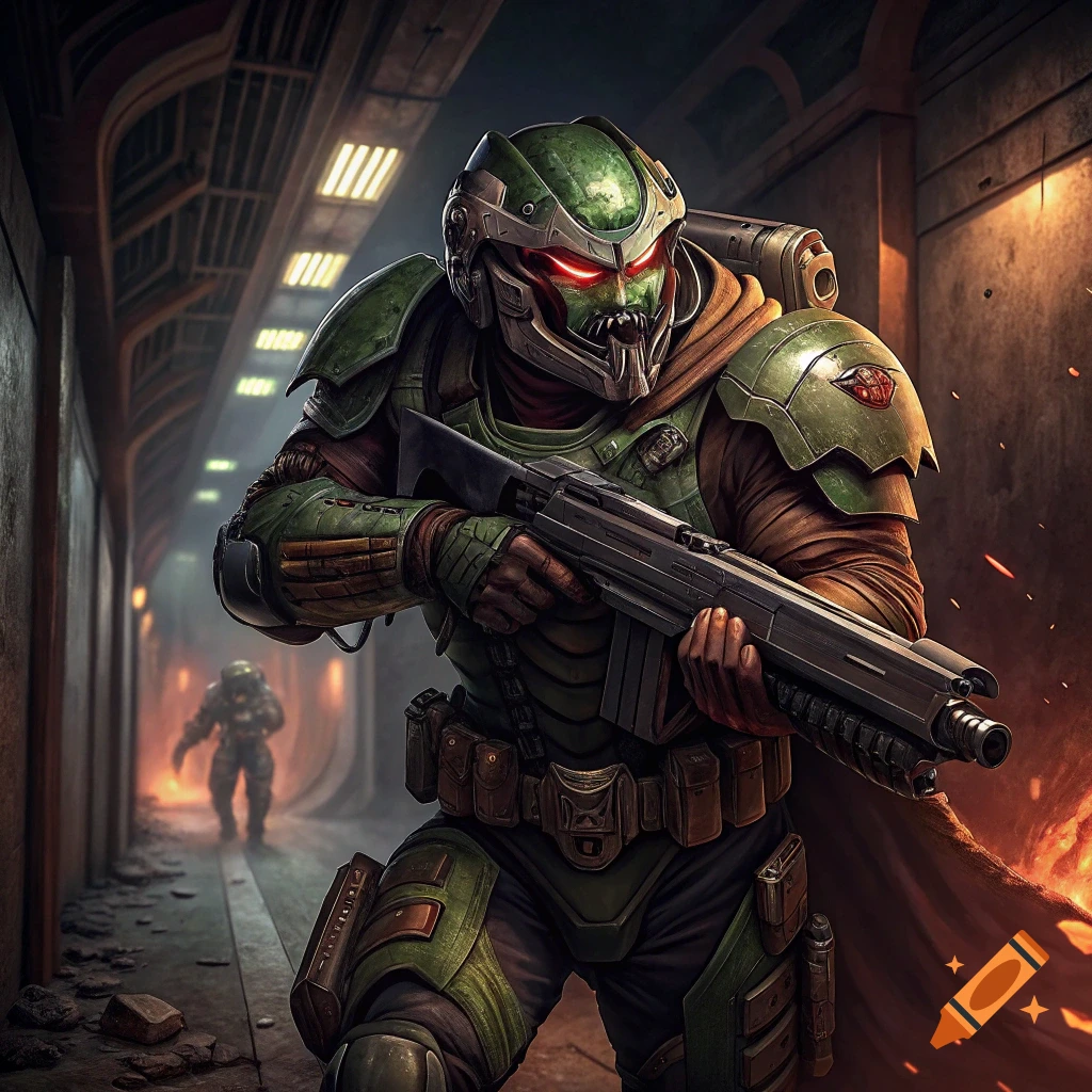 A figure in green sci-fi armor holds a rifle in a dark corridor. Another figure is in the background.