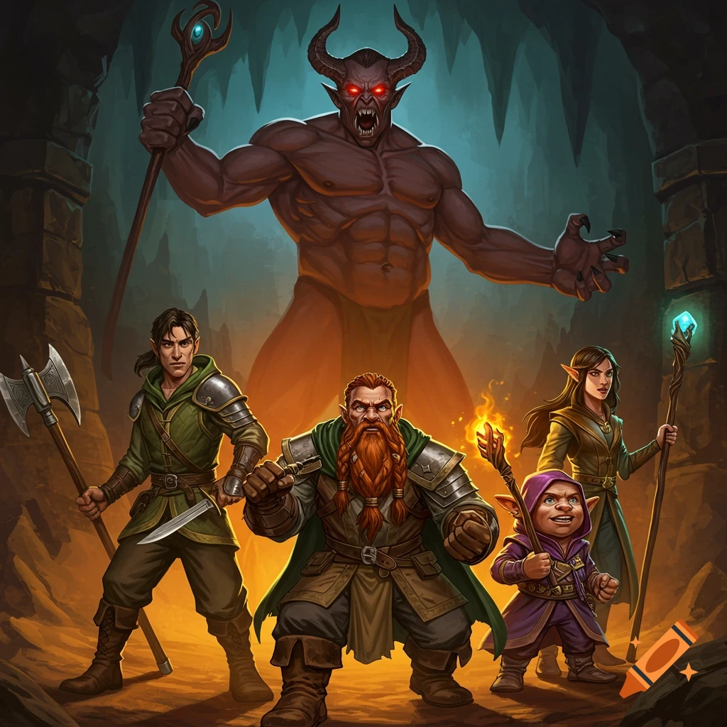 A group of fantasy adventurers, including a human, dwarf, elf, and gnome, faces a large red-skinned demon with horns in a cave.