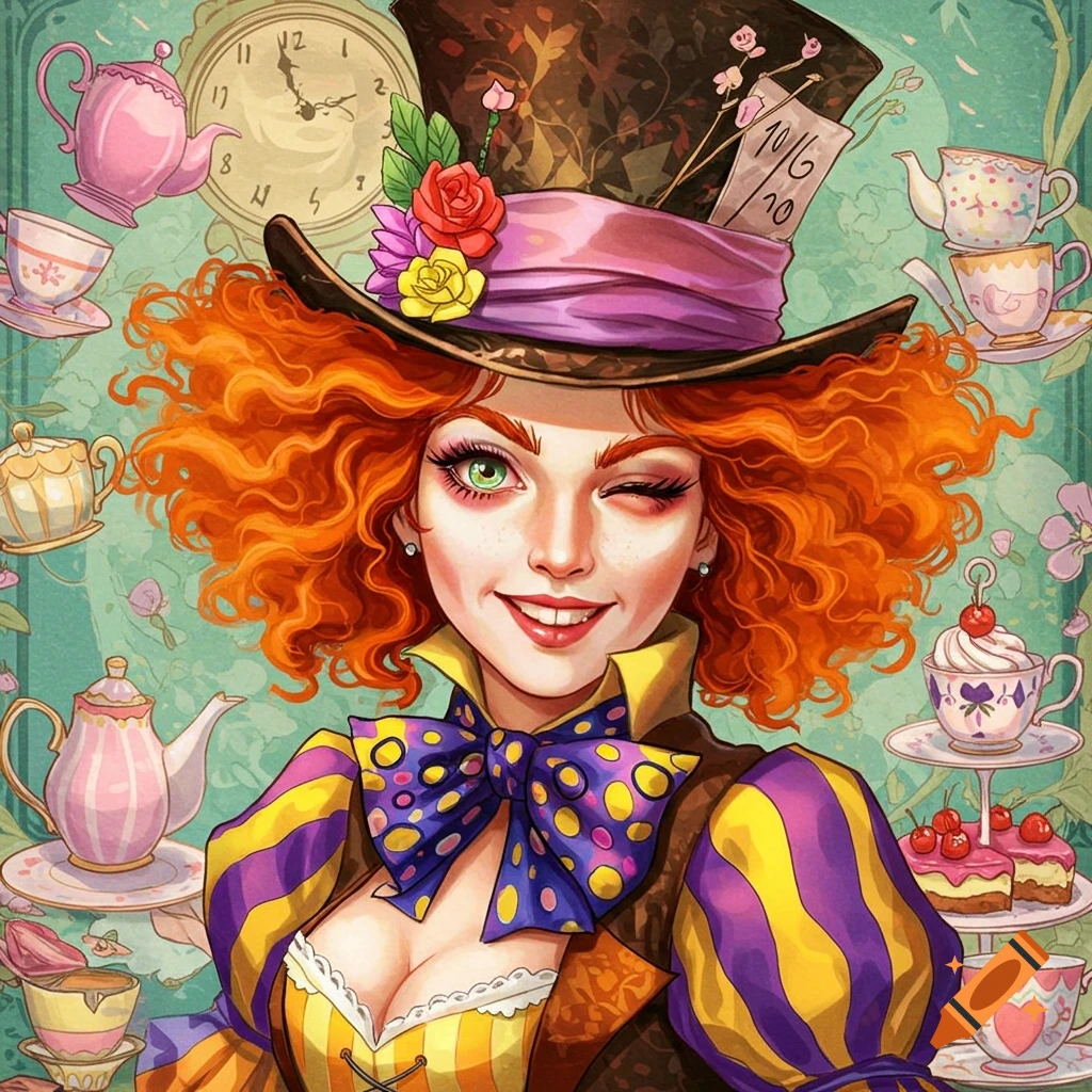 A winking feminine Mad Hatter with orange curly hair, wearing a top hat and large bow, surrounded by teapots and teacups.
