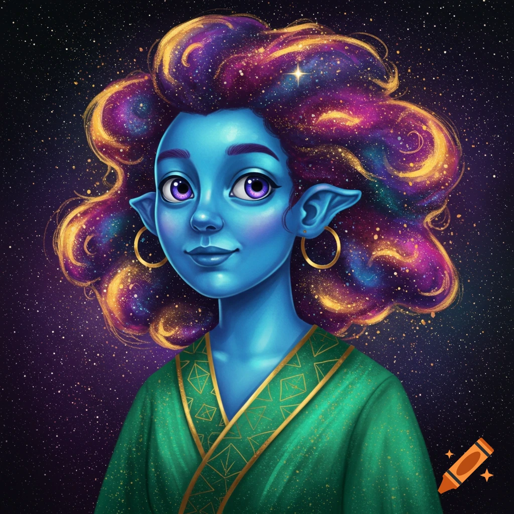 A blue-skinned person with purple and gold galaxy-patterned hair, wearing a green robe with gold trim, against a starry background.