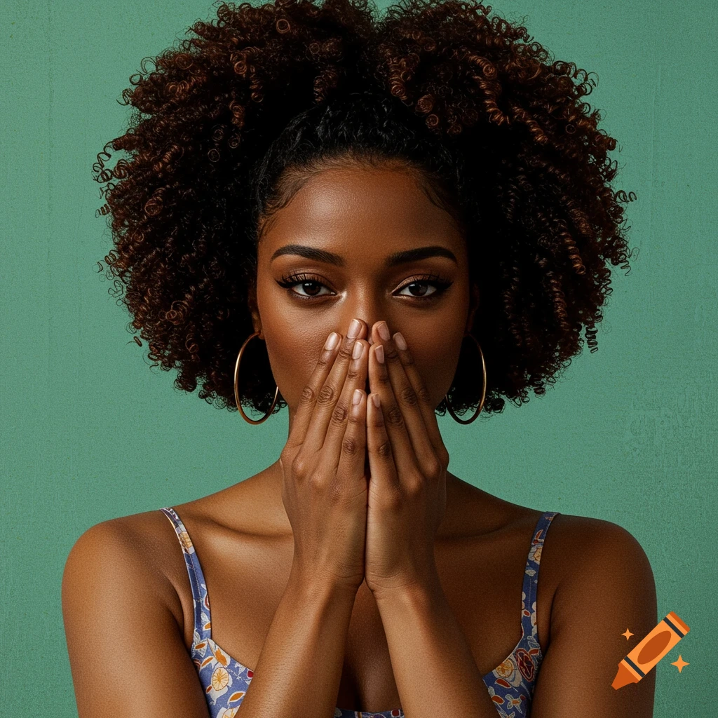 Close-up portrait of a woman with curly hair covering her mouth and nose with her hands.