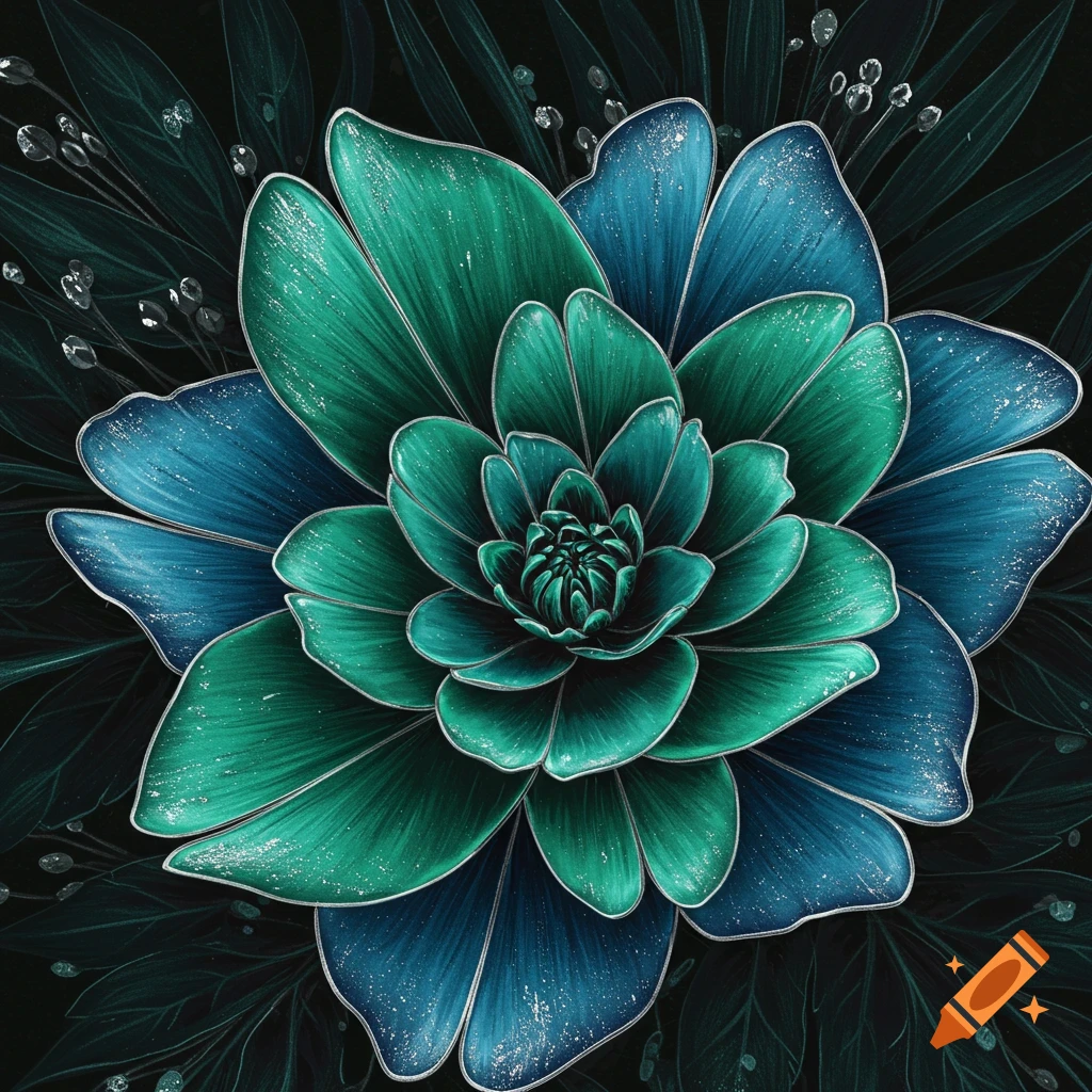 An exotic blue and green flower with silver details