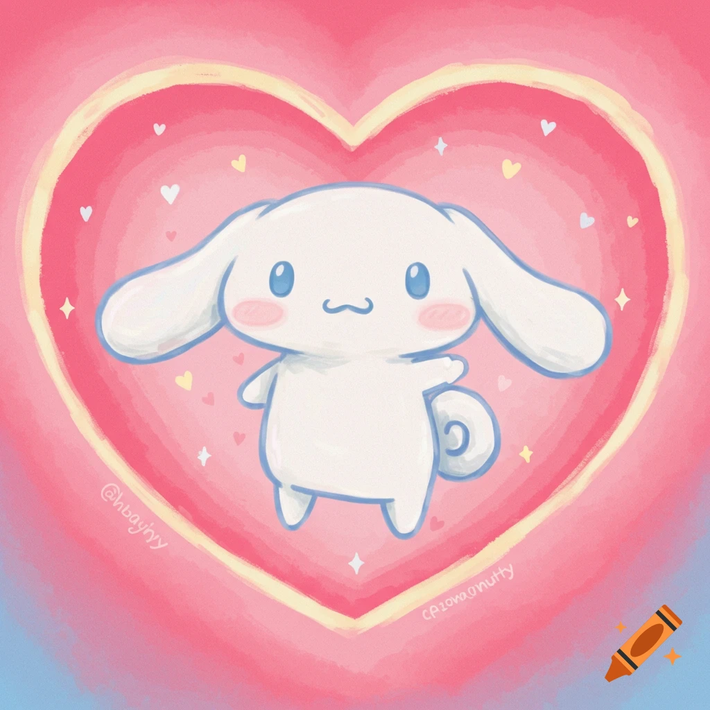 Cinnamoroll inside a pink heart with stars and hearts.
