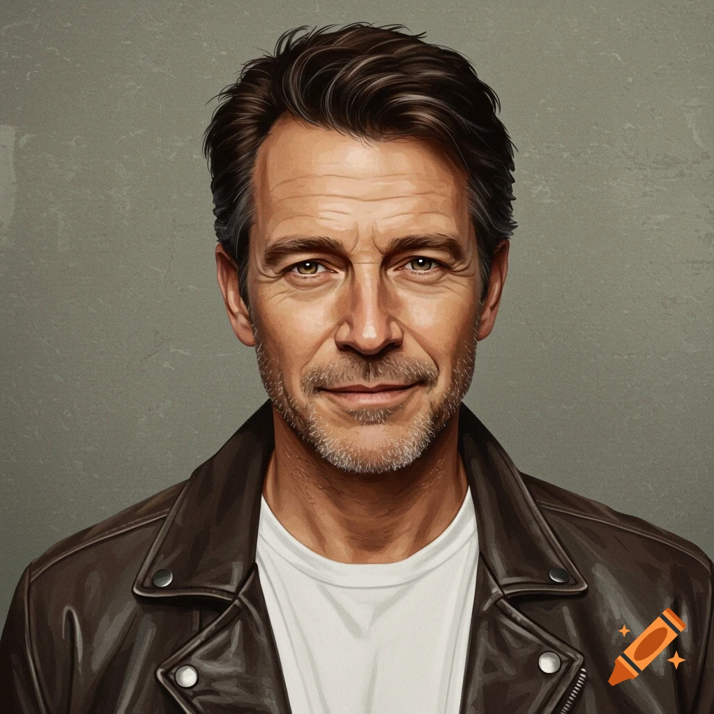 Portrait of a man wearing a brown leather jacket and white t-shirt.