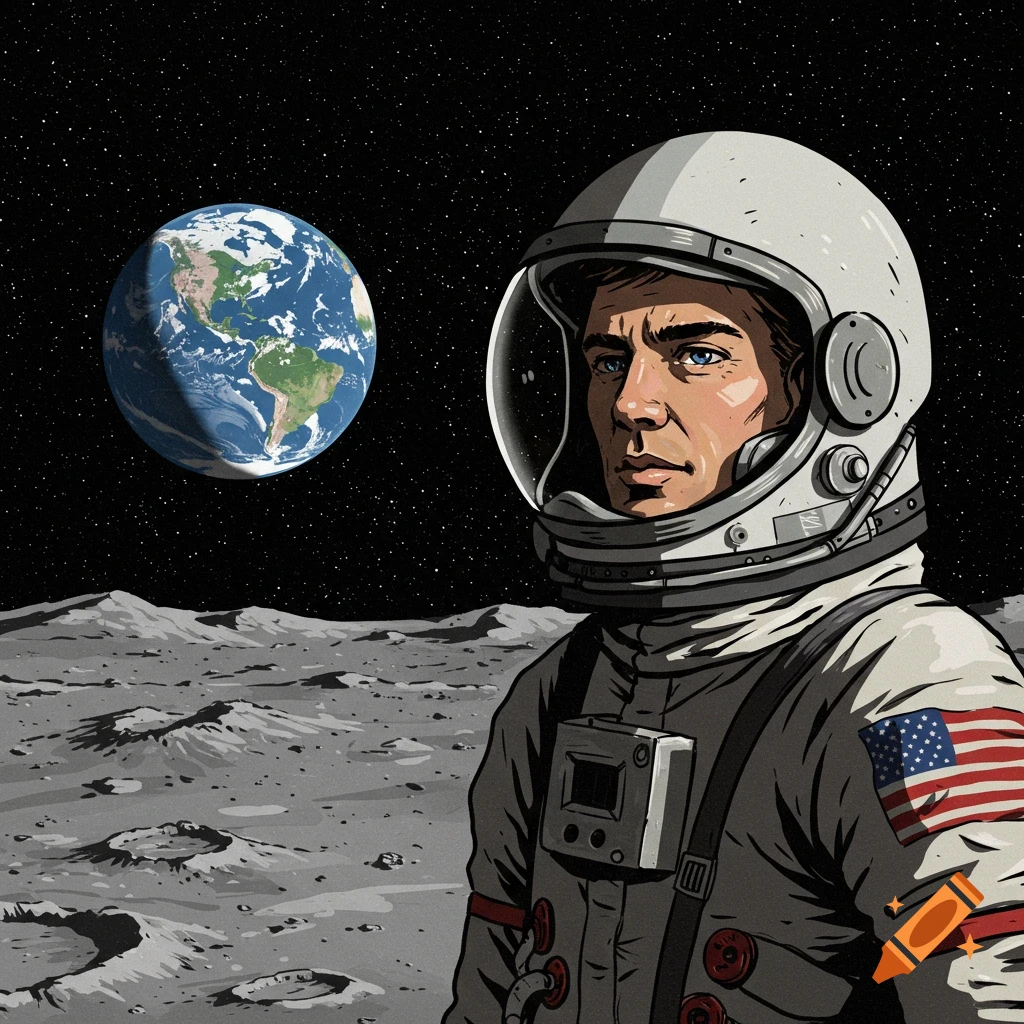 An astronaut stands on the moon with Earth in the background.