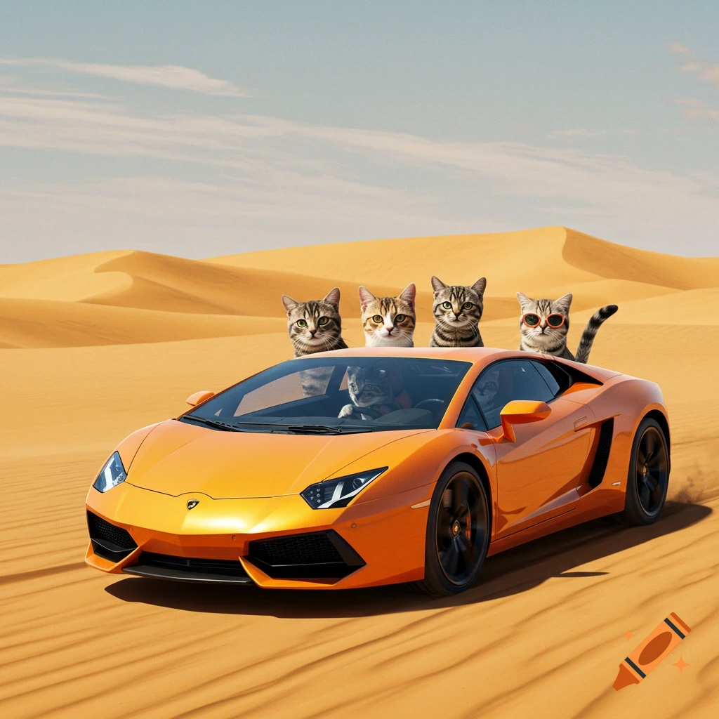 Five cats driving an orange Lamborghini through a desert landscape.