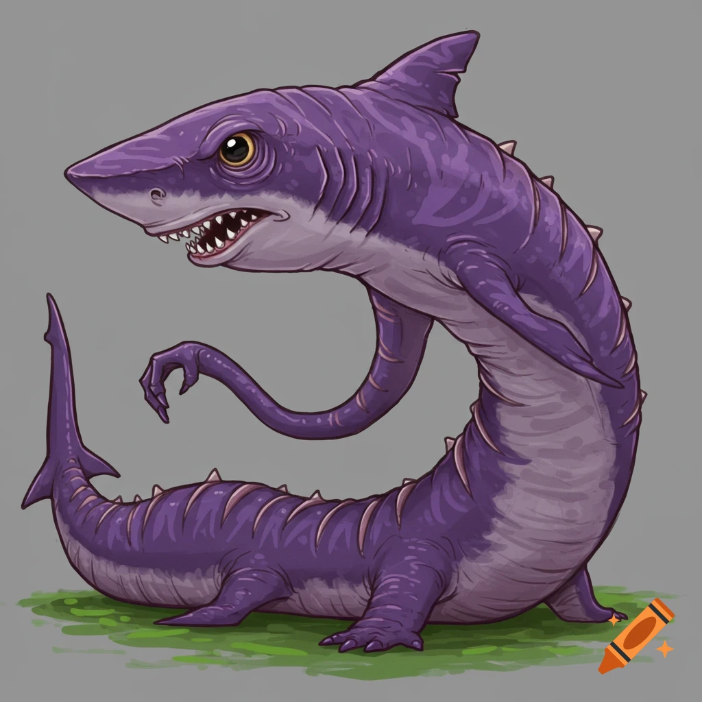 A bizarre purple creature that looks like a shark with arms and legs.
