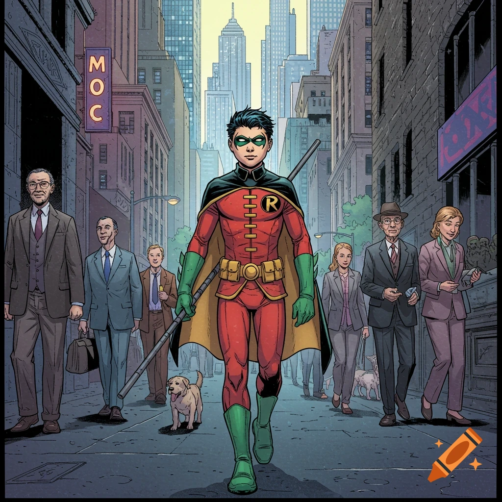 A comic book style illustration of Robin walking down a busy city street, surrounded by pedestrians and a dog.