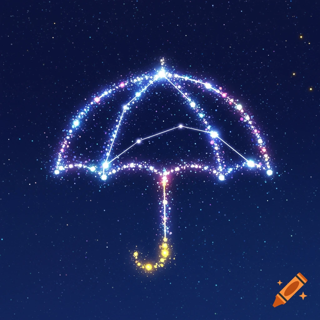 A constellation in the shape of an umbrella in a starry night sky.