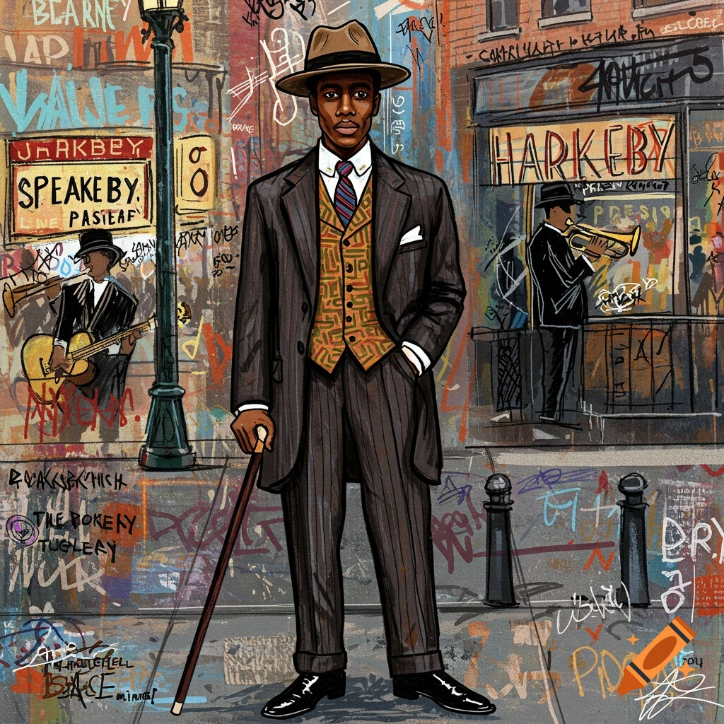 Illustration of a man in 1920s fashion standing on a street with jazz musicians and graffiti in the style of Basquiat.