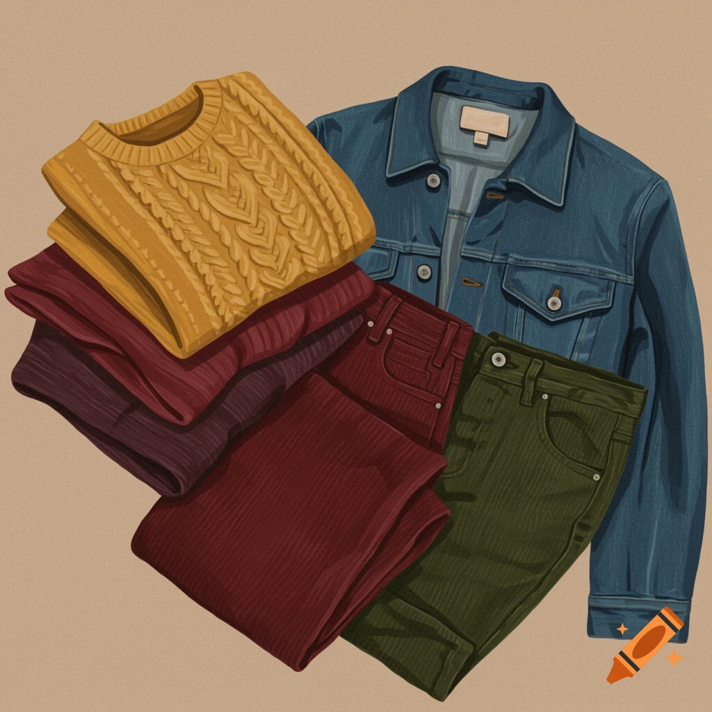 Illustration of a flat lay of vintage clothing, including sweaters, corduroy pants, and a denim jacket.