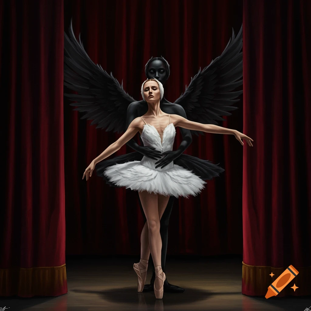 A White Swan ballerina is embraced by a dark, winged figure on a stage with red curtains.