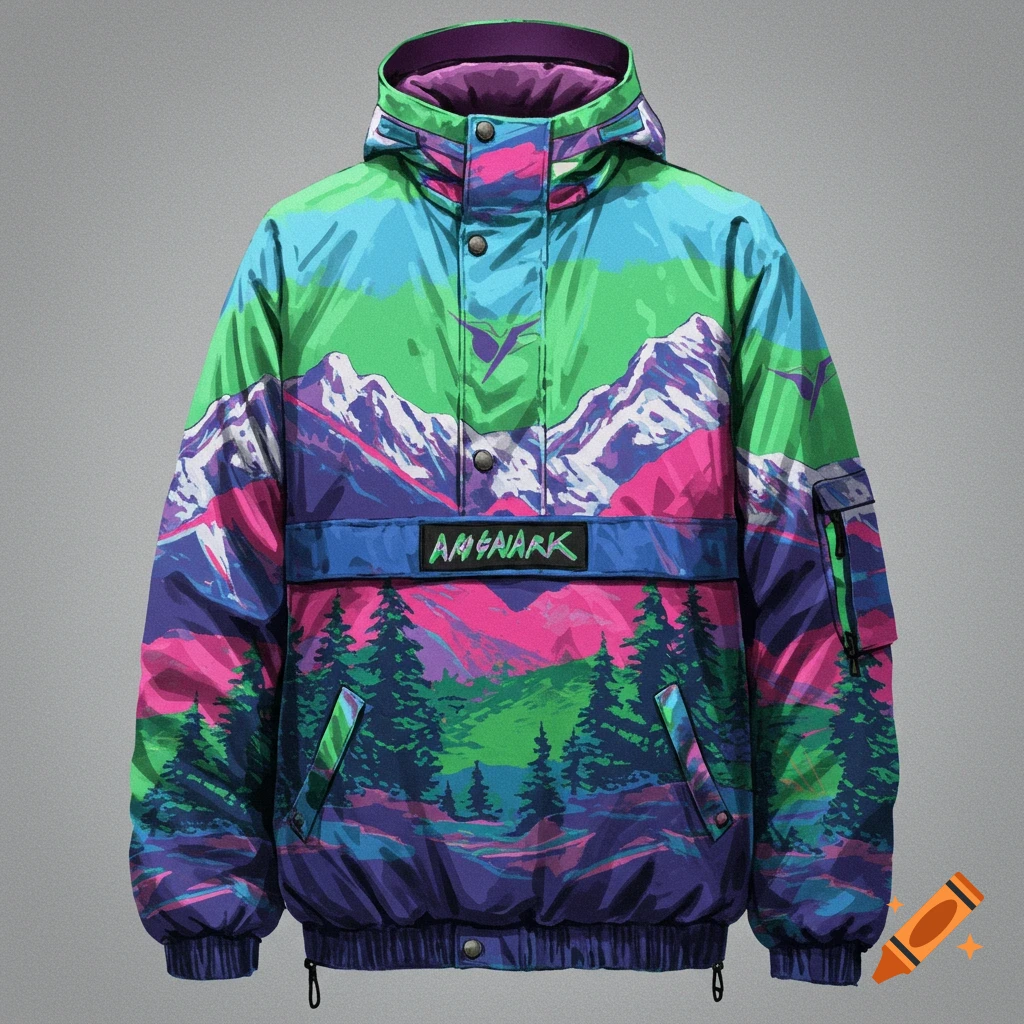 Colorful snowboard jacket with mountain and forest pattern