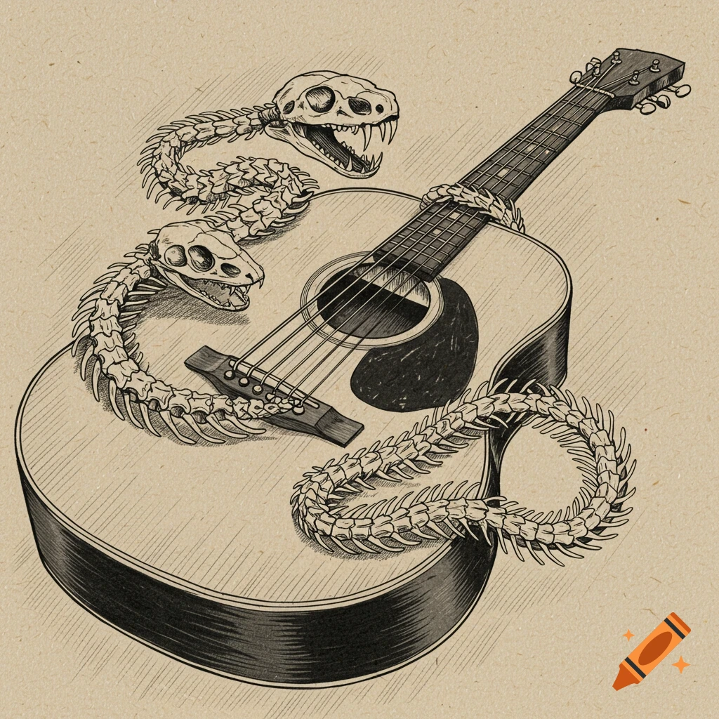 Ink sketch of a snake skeleton wrapped around an acoustic guitar on a paper background