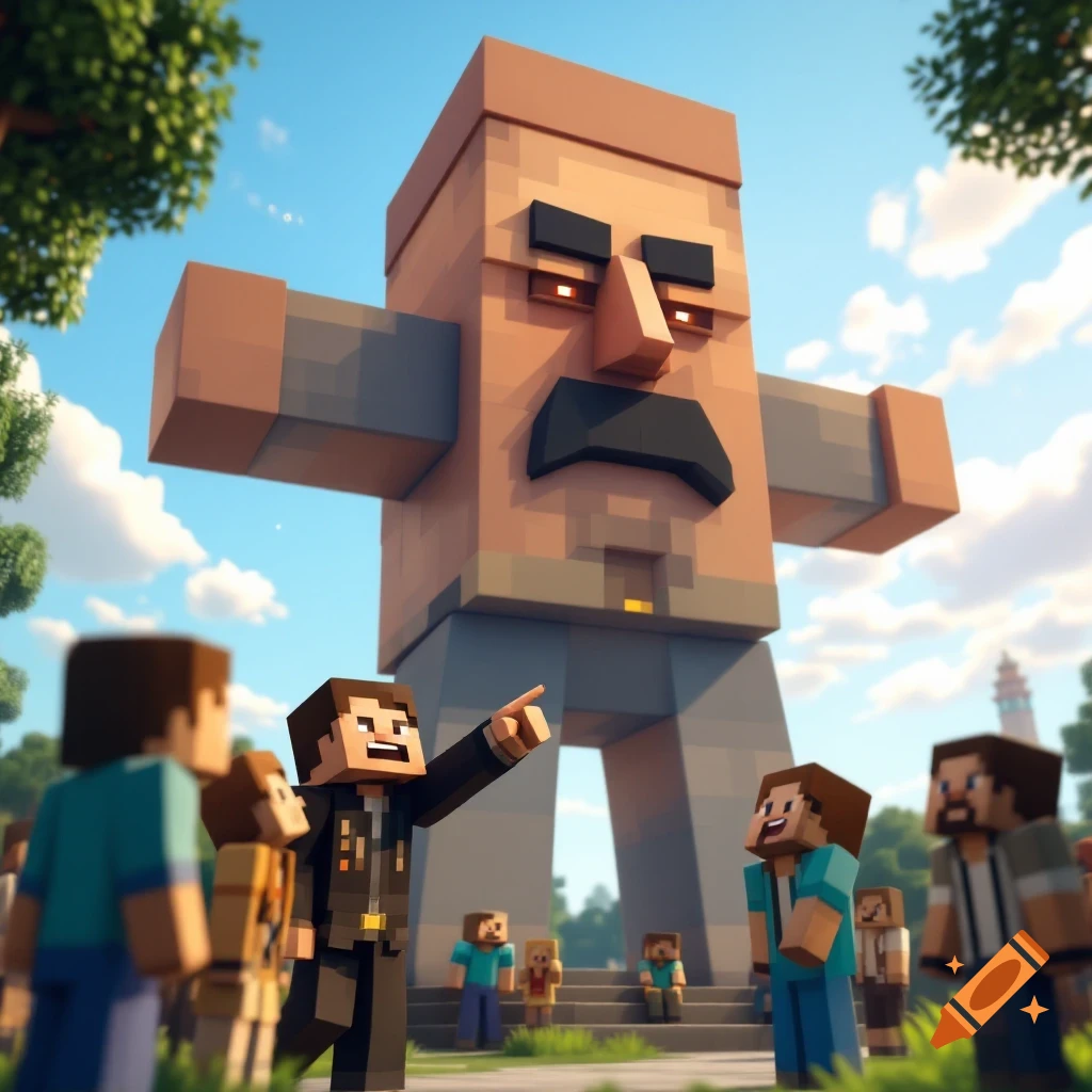 Minecraft characters look up at a giant blocky statue.